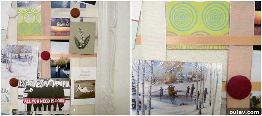 Homemade Holiday Card Gallery 4 Flat lay photo of various craft supplies including fabric, ribbons, buttons, and a glue gun