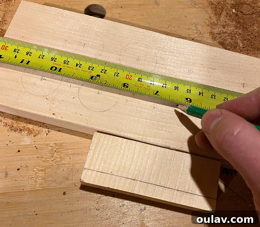 A series of precisely marked spots along the wood, indicating where the egg holes will be drilled.