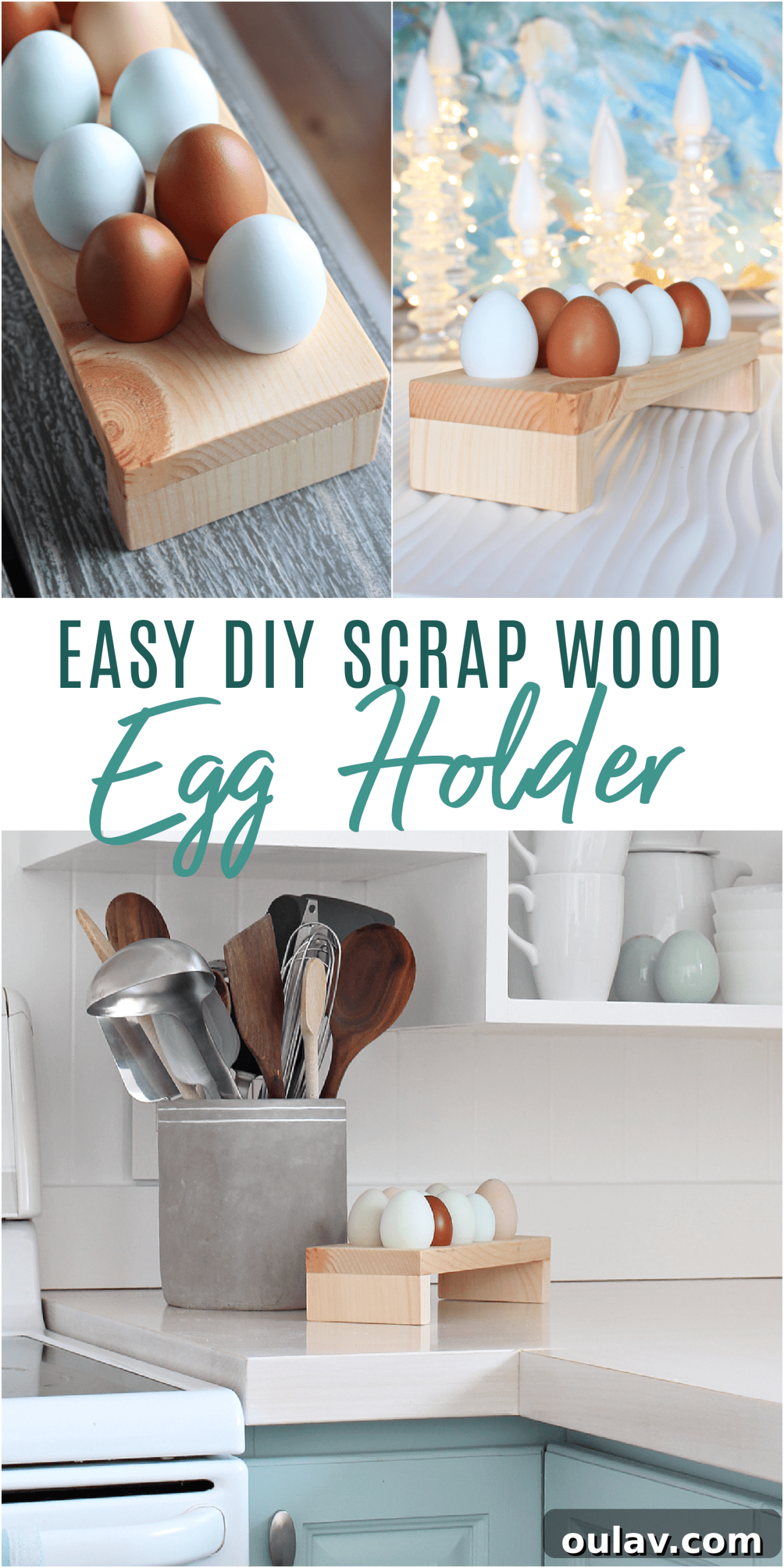 Simple Wood Egg Tray Build 29 Easy DIY Scrap Wood Egg Holder - A vertical Pinterest-friendly image promoting the simple and effective DIY wooden egg holder project.