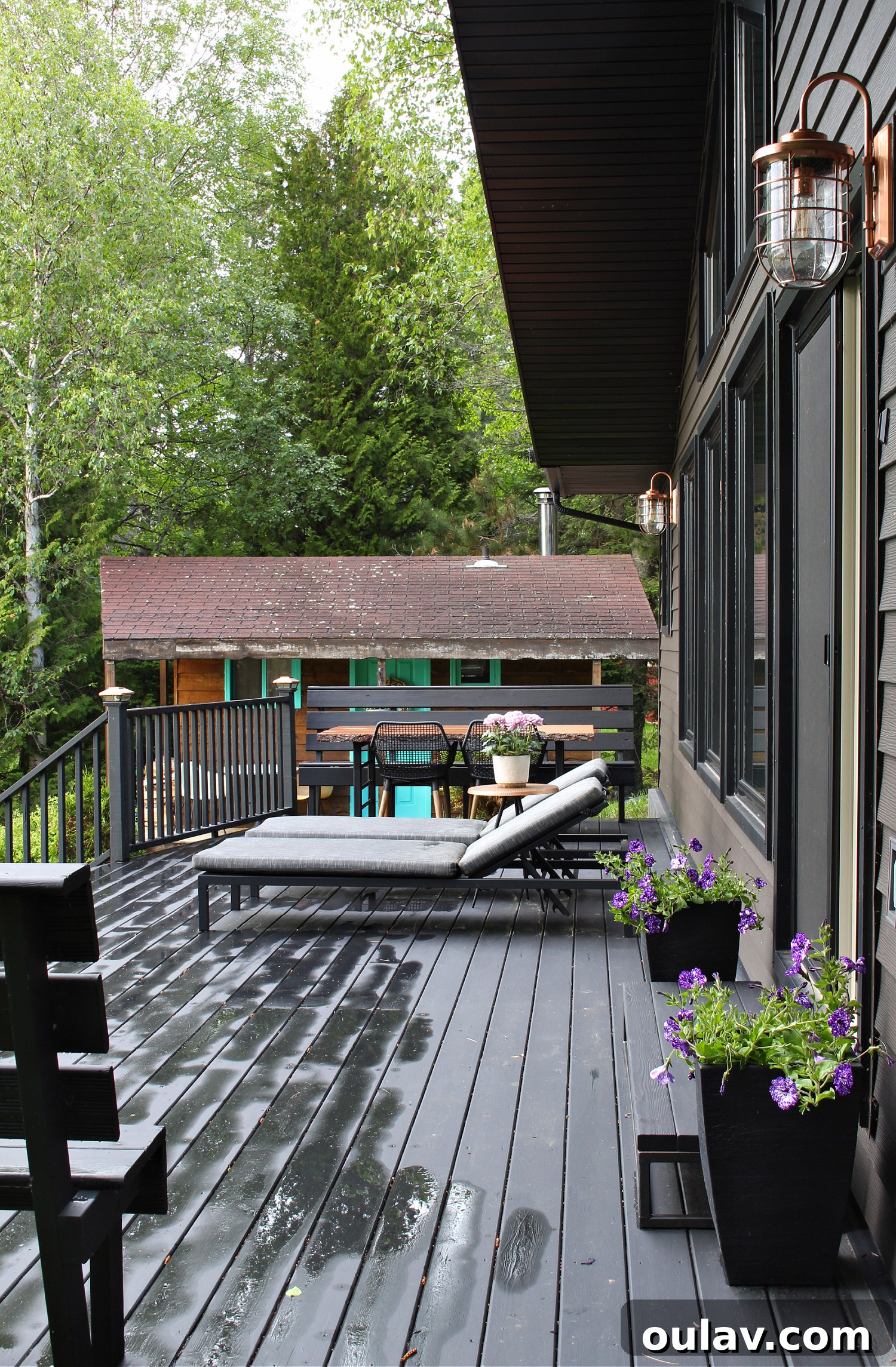 Unveiling Our Lake House Outdoors 12 Black Stained Deck with Modern Railings and Outdoor Furniture