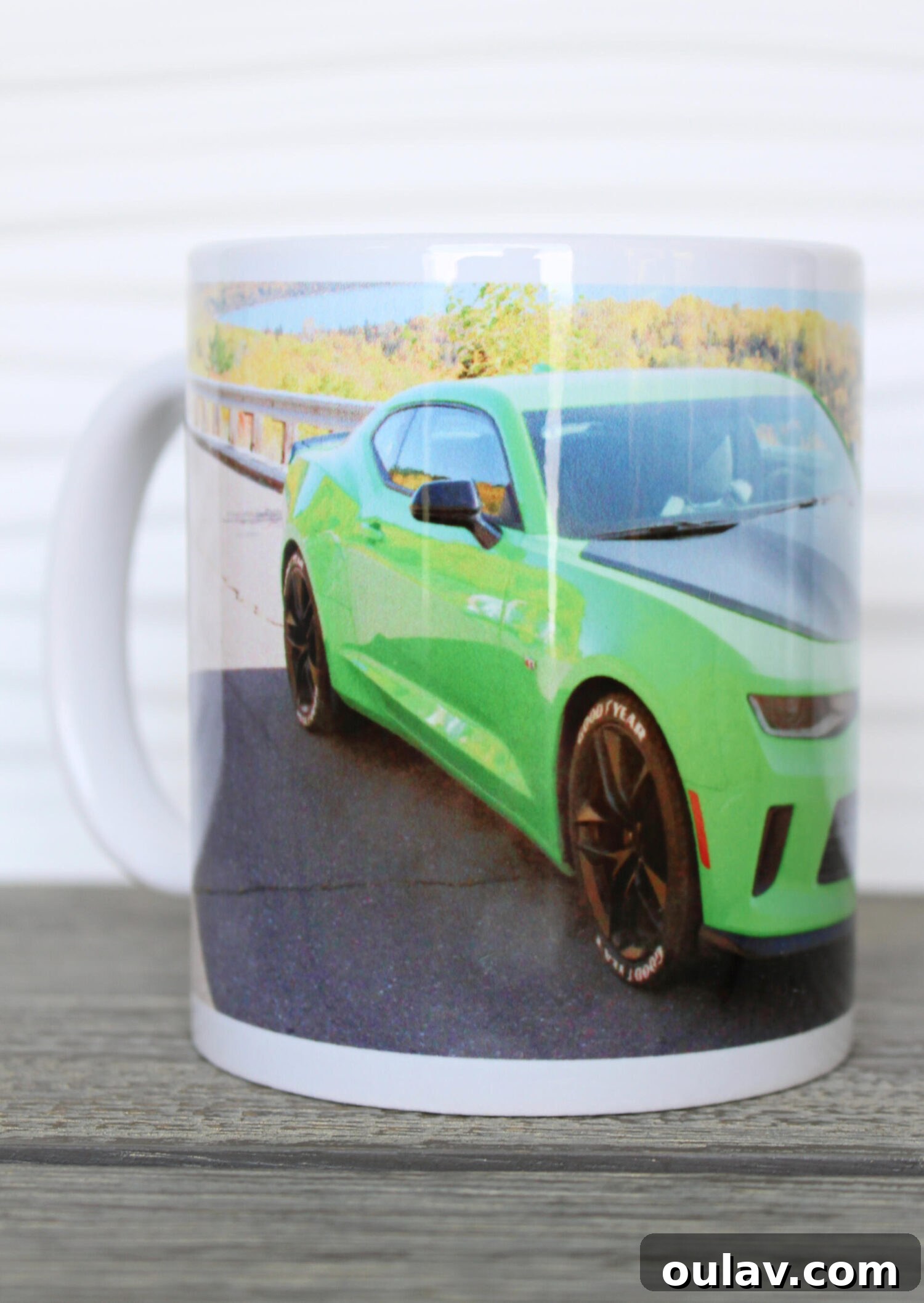 Custom photo mug featuring a panoramic image of a Chevrolet Camaro