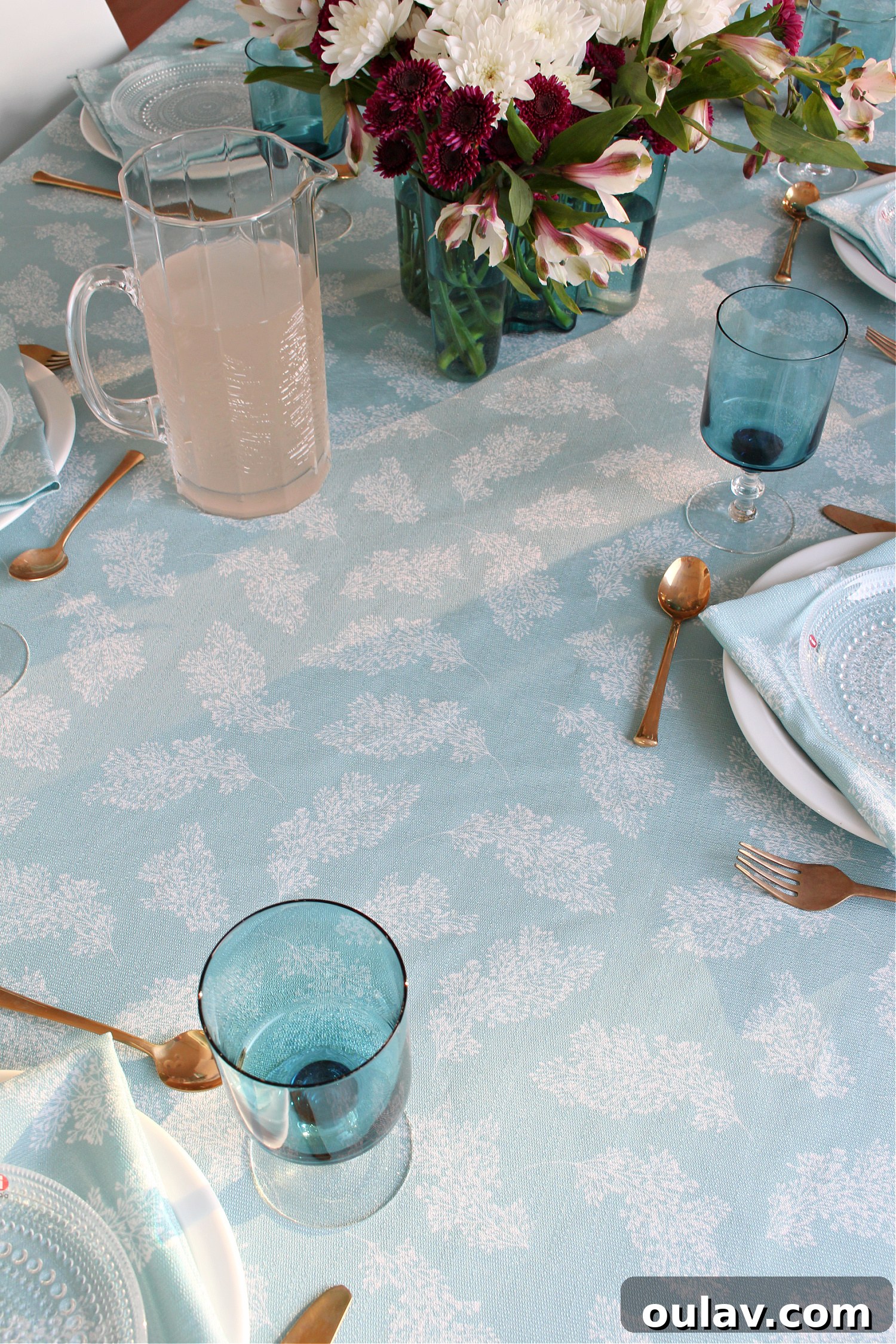 Loom and Table's Summer Dining Oasis 3 Detail shot of Loom & Table Branches pattern on a custom tablecloth
