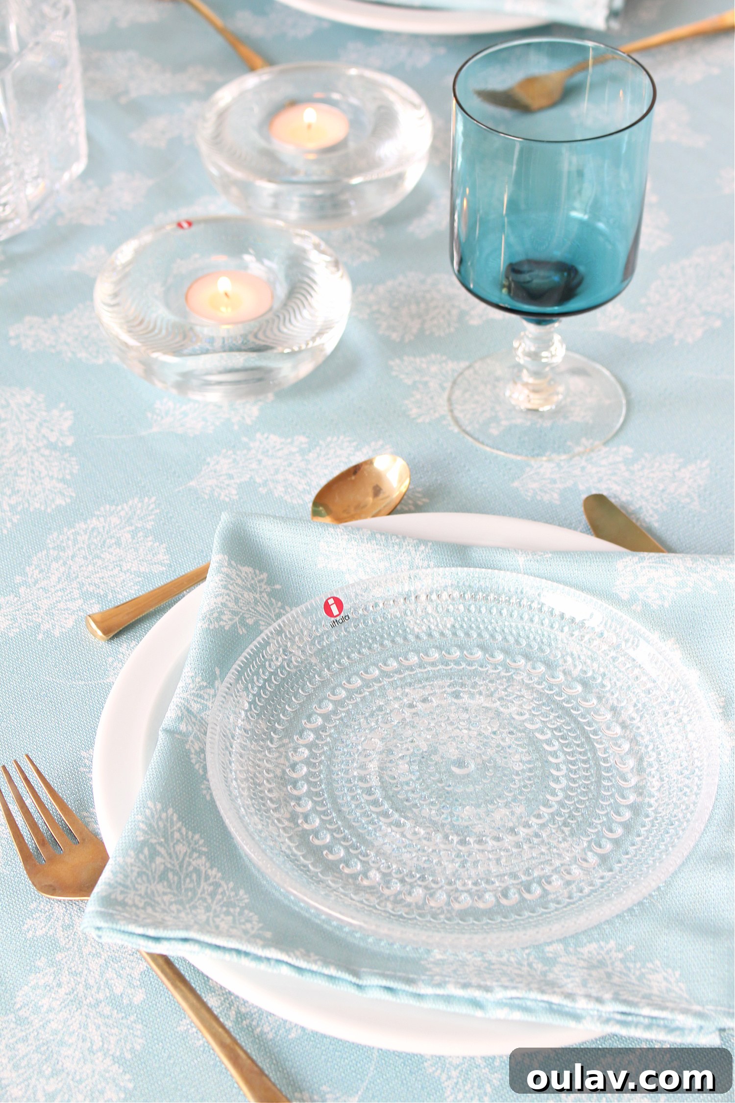 Loom and Table's Summer Dining Oasis 26 Summery table setting with aqua tablecloth and elegant decor