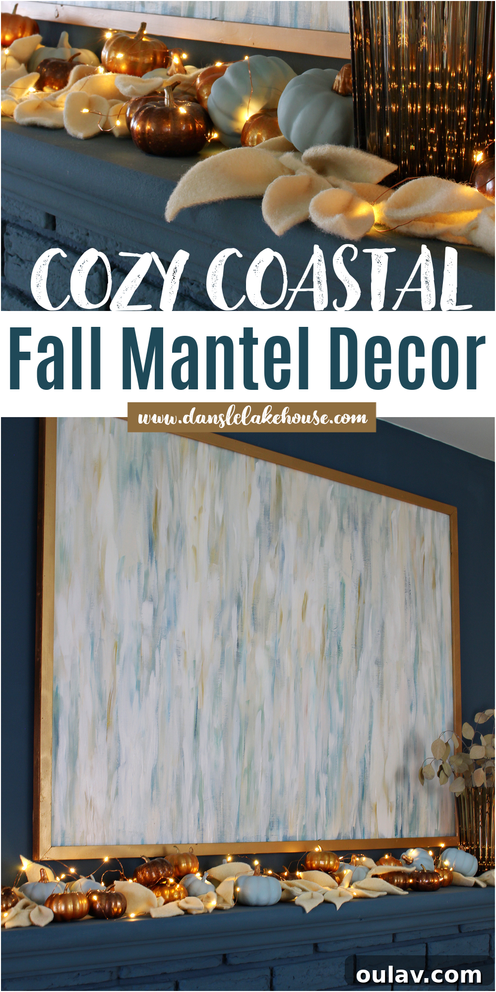 Effortless Autumn Mantel Styling 11 Coastal Fall Mantel Decor Inspiration with Blue Fireplace and Eucalyptus