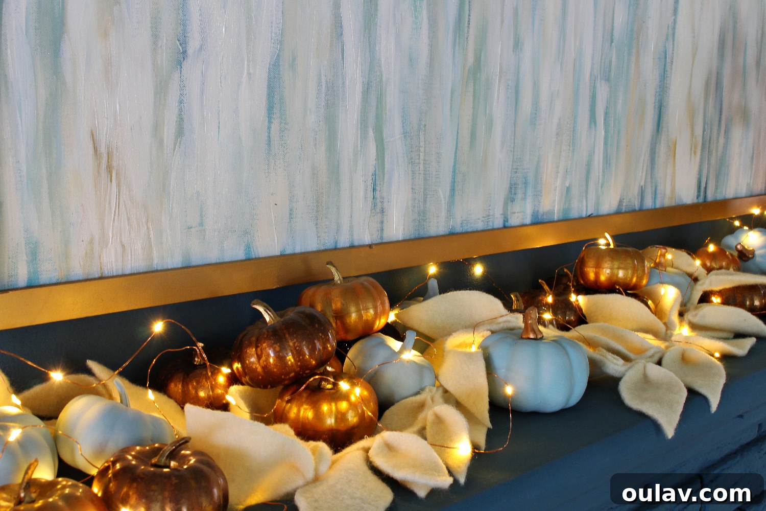 Metallic and Blue Mini Pumpkins on Fall Mantel
