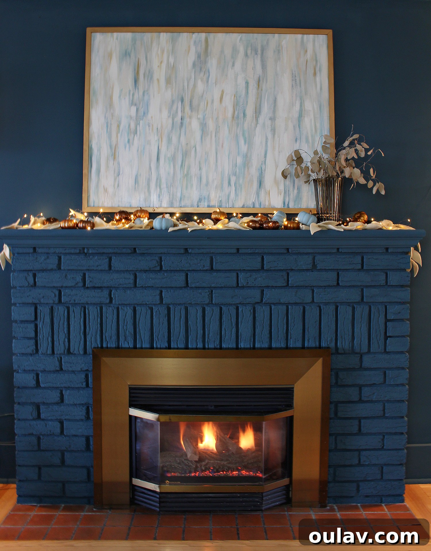 Effortless Autumn Mantel Styling 7 Neutral Painting Above Fall Mantel Decor on Blue Fireplace