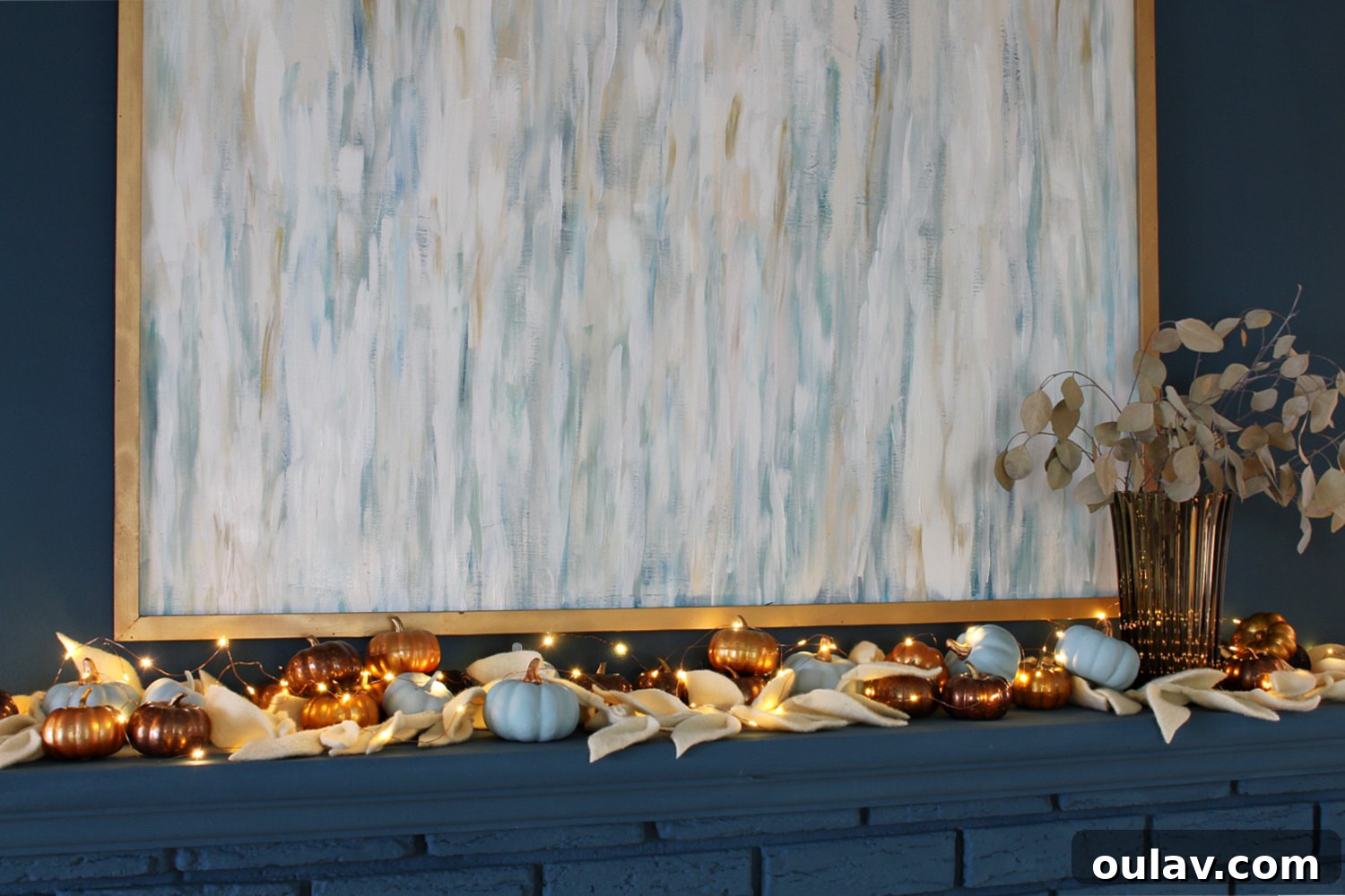 Effortless Autumn Mantel Styling 8 Fall Mantel with Subtle Copper Fairy Lights