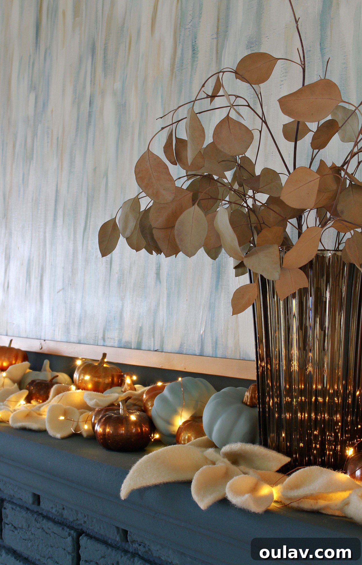 Effortless Autumn Mantel Styling 9 Vintage Bronze Vase with Dried Eucalyptus for Fall Decor
