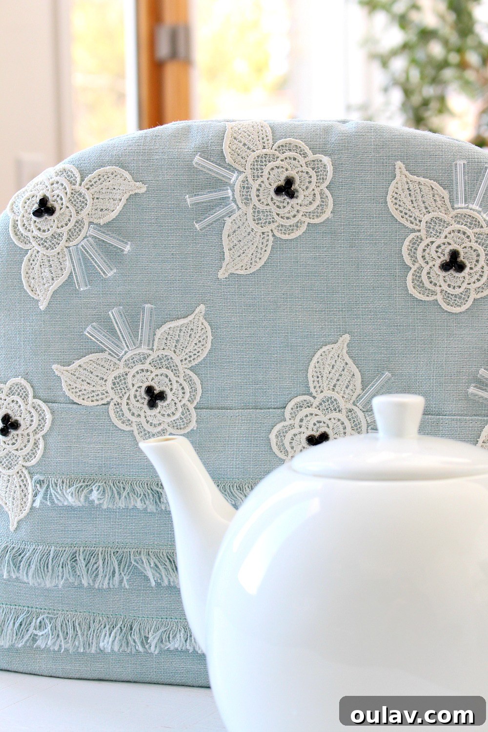 Crafting a Sparkling Lace Tea Cozy 2 Handmade Tea Cozy with Elegant Beaded Lace Applique