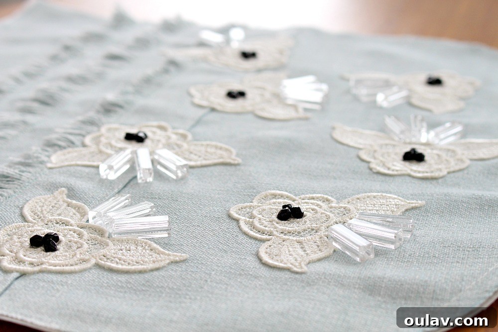Crafting a Sparkling Lace Tea Cozy 12 Close-up of Backing on Beaded Applique Fabric