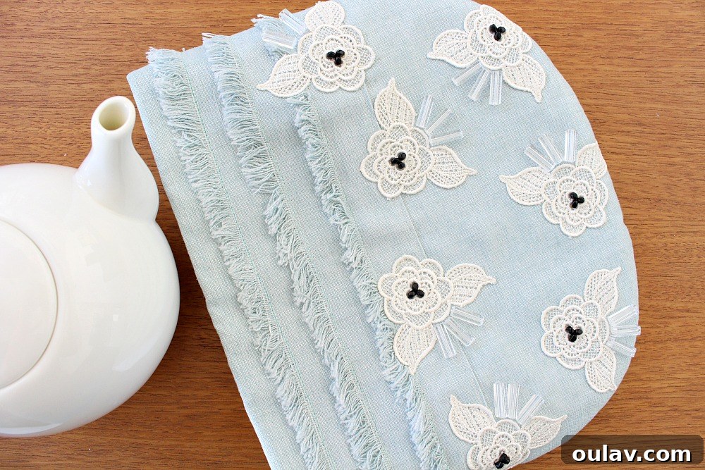 Crafting a Sparkling Lace Tea Cozy 30 Blue Linen Tea Cozy with Custom Beading