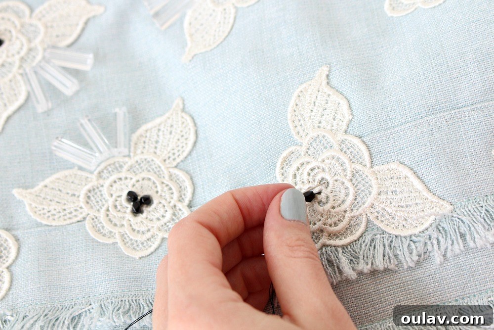 Crafting a Sparkling Lace Tea Cozy 8 Finished Beaded Applique on Tea Cozy Panel