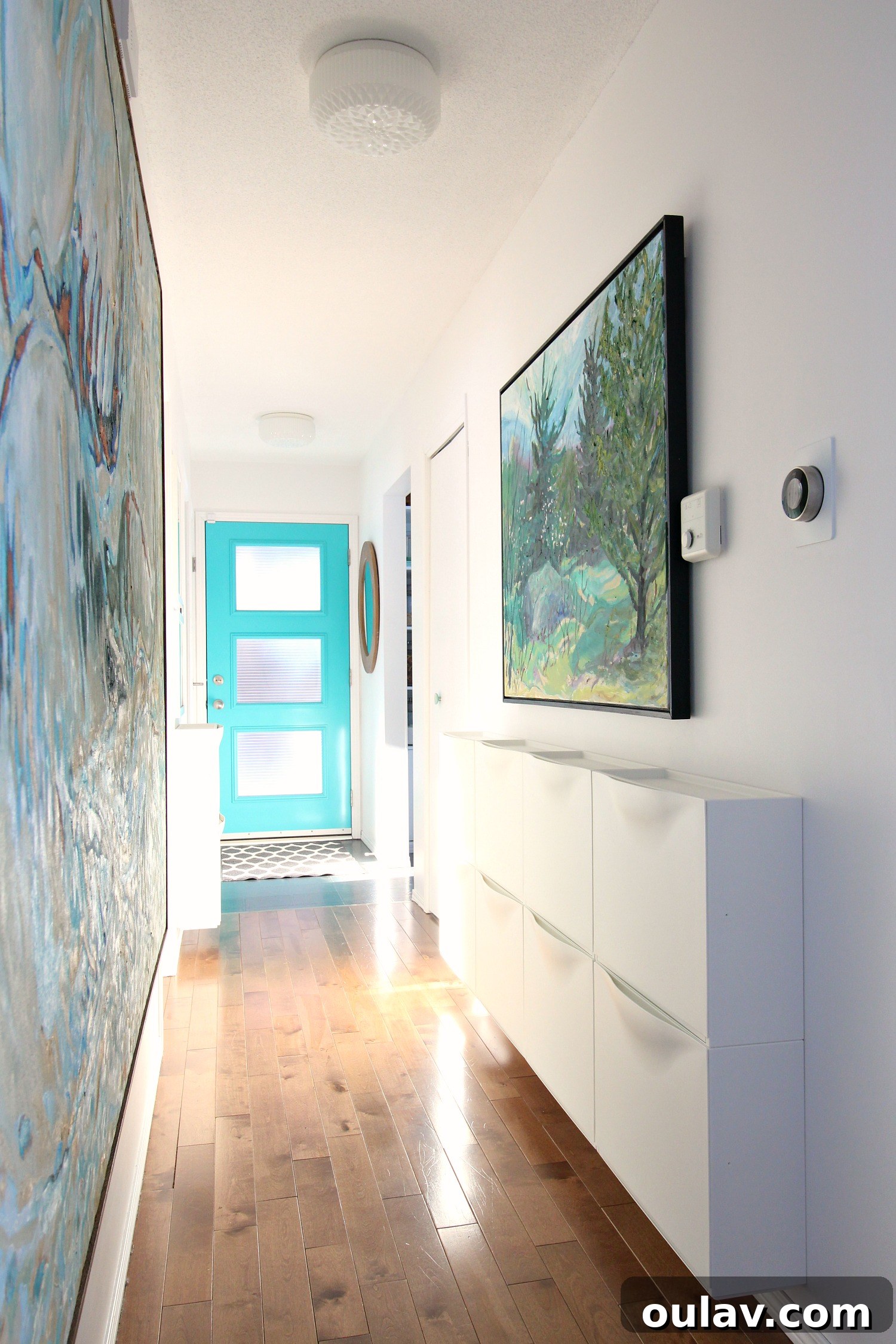 Grandpa's Brushstrokes: A Family Art Journey 16 Narrow Hallway with Large Abstract Art by Bert Weir and Storage