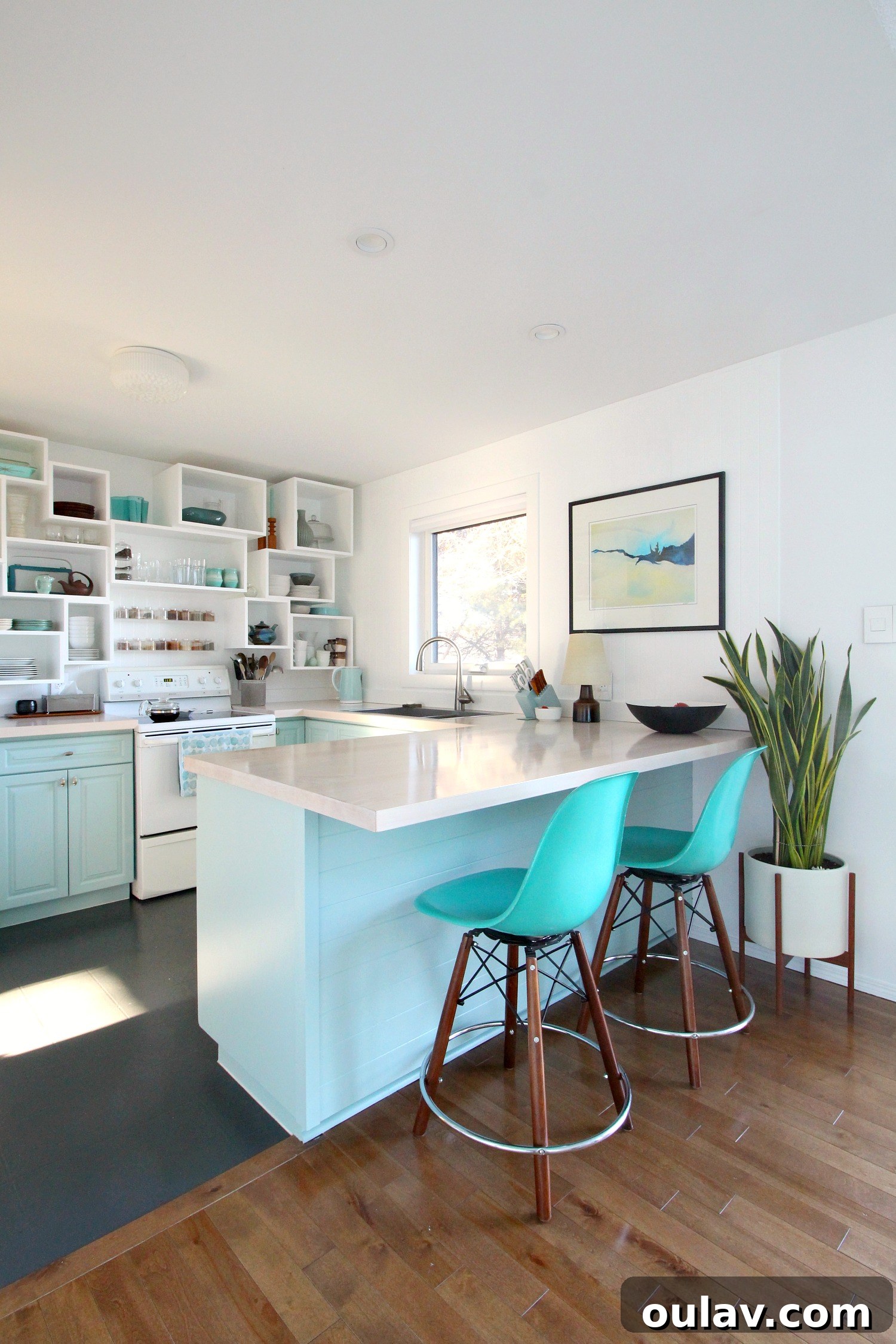 Grandpa's Brushstrokes: A Family Art Journey 18 Abstract Art in Aqua Kitchen by Bert Weir