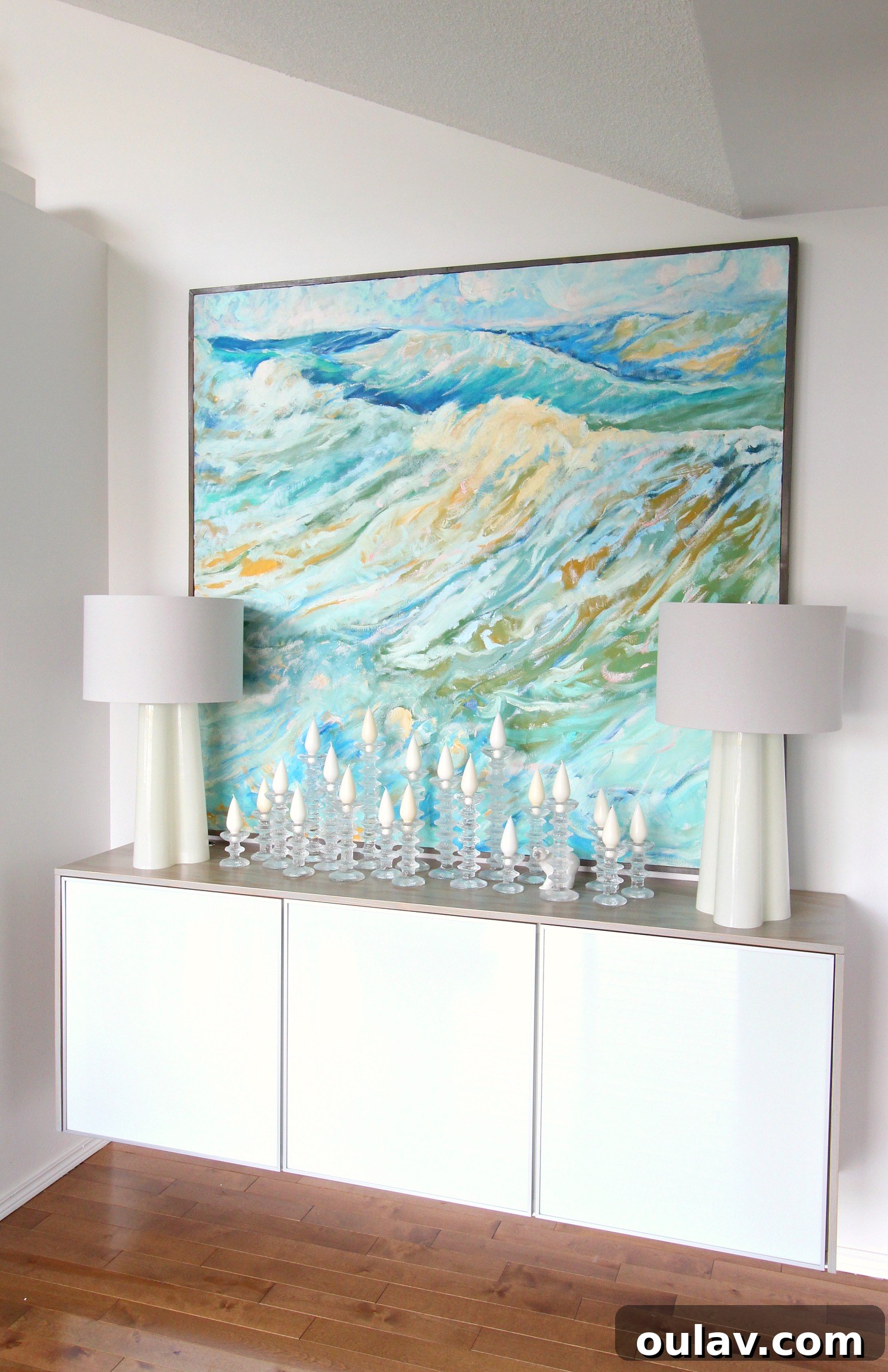 Grandpa's Brushstrokes: A Family Art Journey 28 Floating Credenza in Lake House Dining Room with 'Leeside Waves' painting