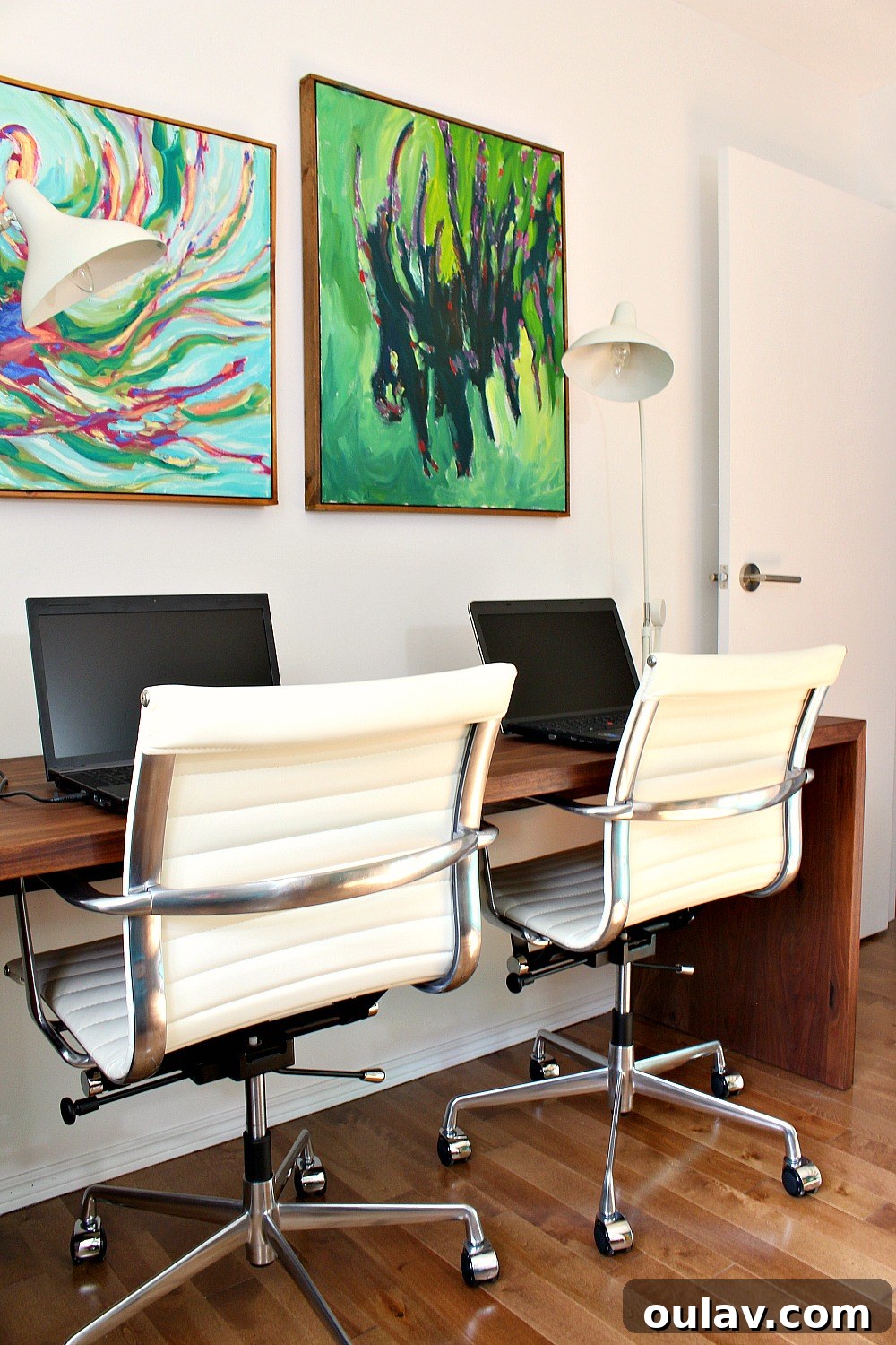 Grandpa's Brushstrokes: A Family Art Journey 4 Mid-Century Office Design with Bold Turquoise Abstract Art Above a Walnut Desk