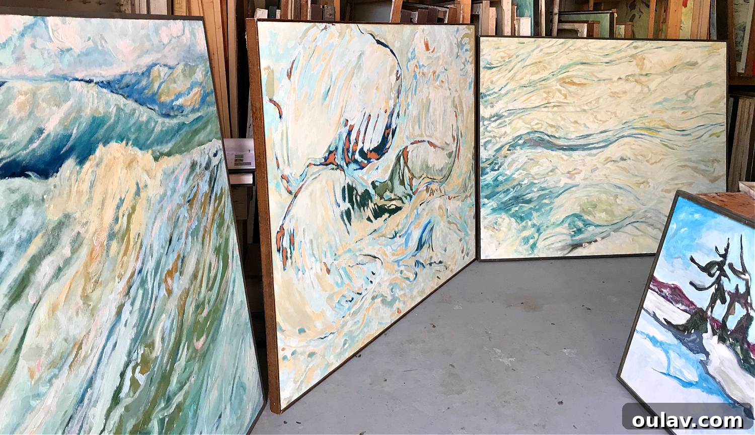 Grandpa's Brushstrokes: A Family Art Journey 33 Large Coastal Paintings by Bert Weir in studio setting, showing scale