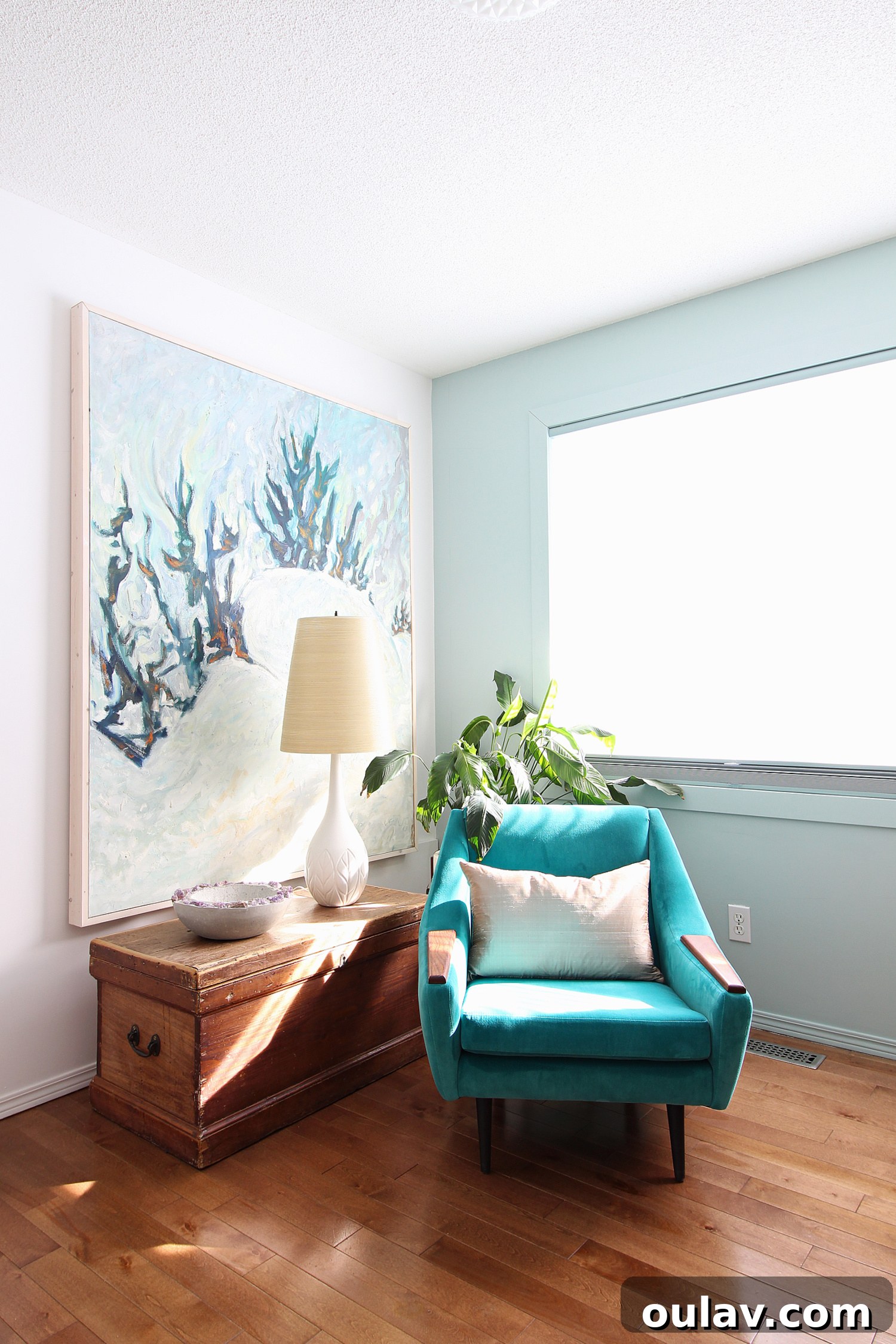 Abstracted Trees in Snow Painting by Bert Weir in home office