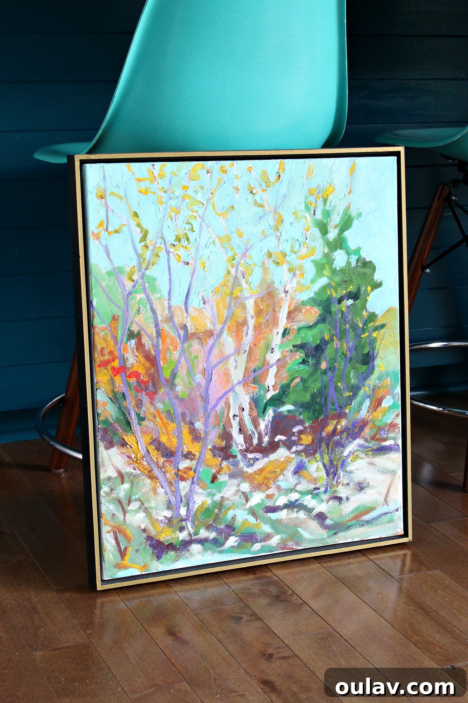 Grandpa's Brushstrokes: A Family Art Journey 46 Autumnal Landscape Painting by Bert Weir in a vibrant powder room