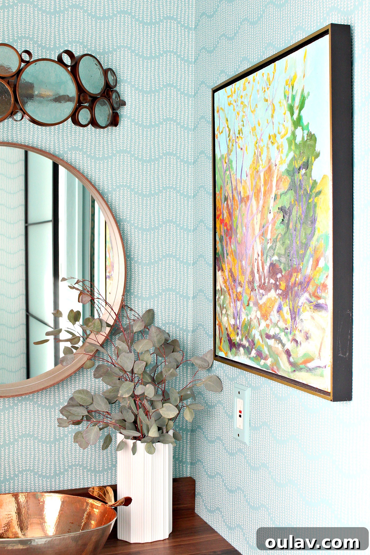 Grandpa's Brushstrokes: A Family Art Journey 47 Aqua and Copper Powder Room Decor featuring Bert Weir art