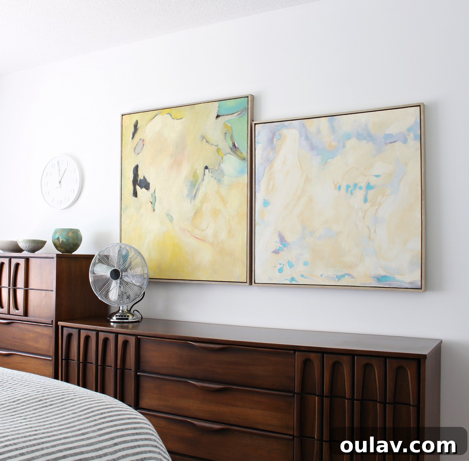 Grandpa's Brushstrokes: A Family Art Journey 8 Abstract Art by Bert Weir above Mid-Century Modern Walnut Dressers