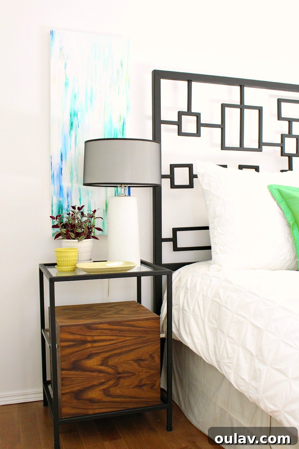 The Bedroom's Style Journey 11 Detailed view of DIY walnut storage boxes and bedroom decor
