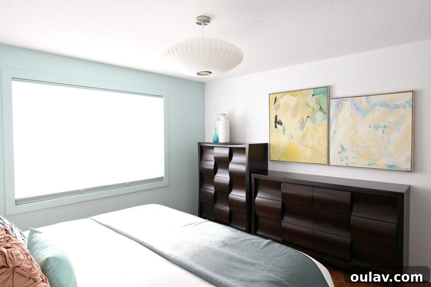 The Bedroom's Style Journey 17 View of the bubble lamp and custom blinds in the updated 2019 bedroom