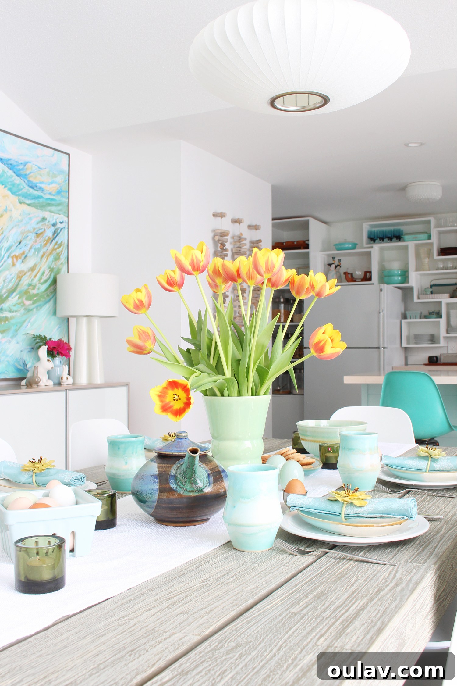 Thrifted Blooms: Vintage Charm for Your Spring Dining Room 15 Spring Tablescape Inspiration with Credenza View