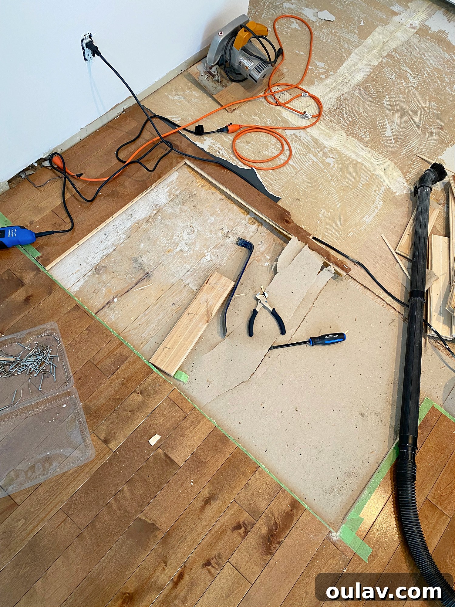 Mastering Plywood Underlayment for Flawless Vinyl Floors 8 Detail of Cutting into Hardwood Flooring for Kitchen Expansion