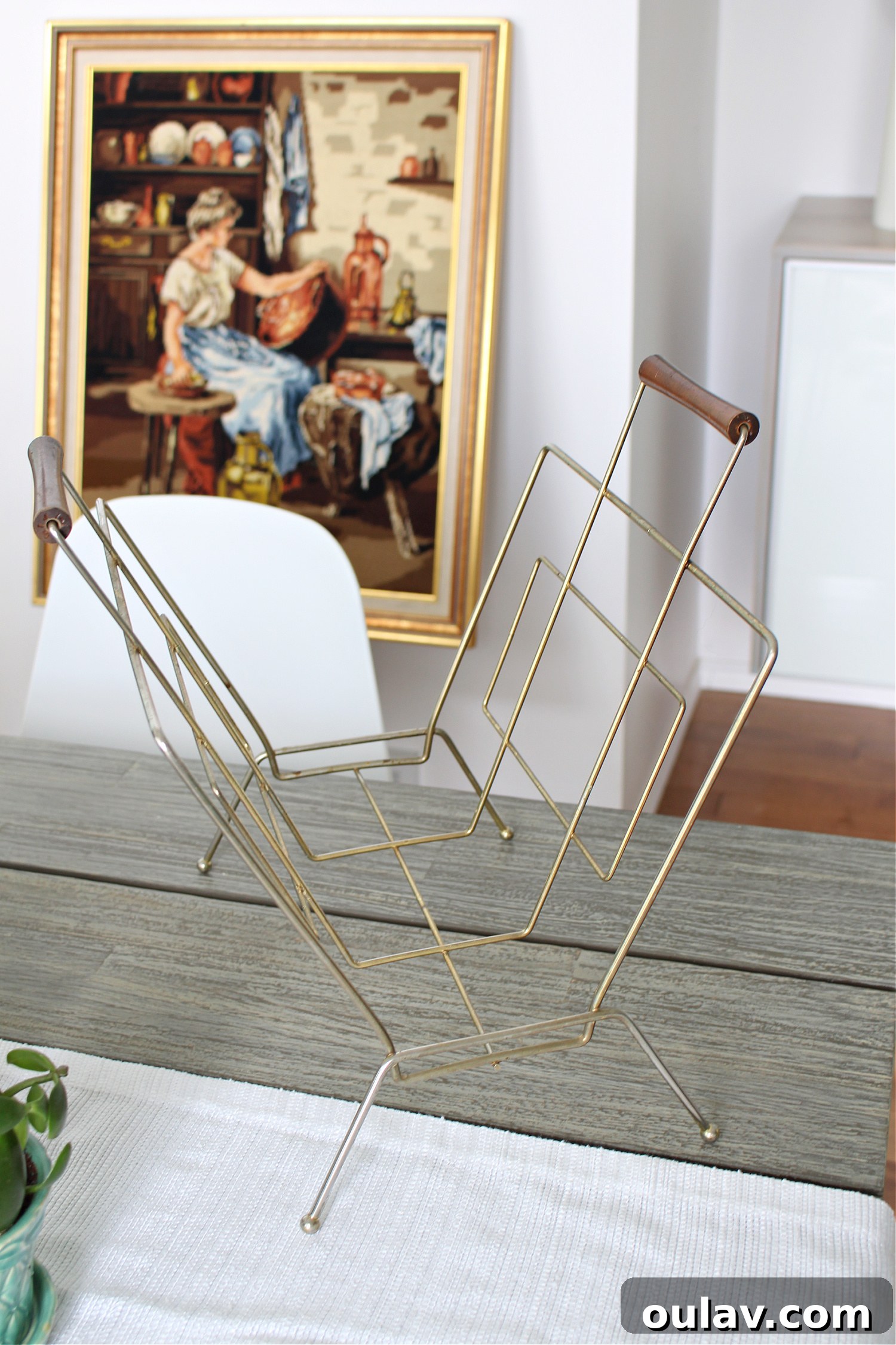 Reclaimed Retro and Thrifted Delights 10 Mid-Century Brass Magazine Holder with elegant Wood Handles, rescued from waste
