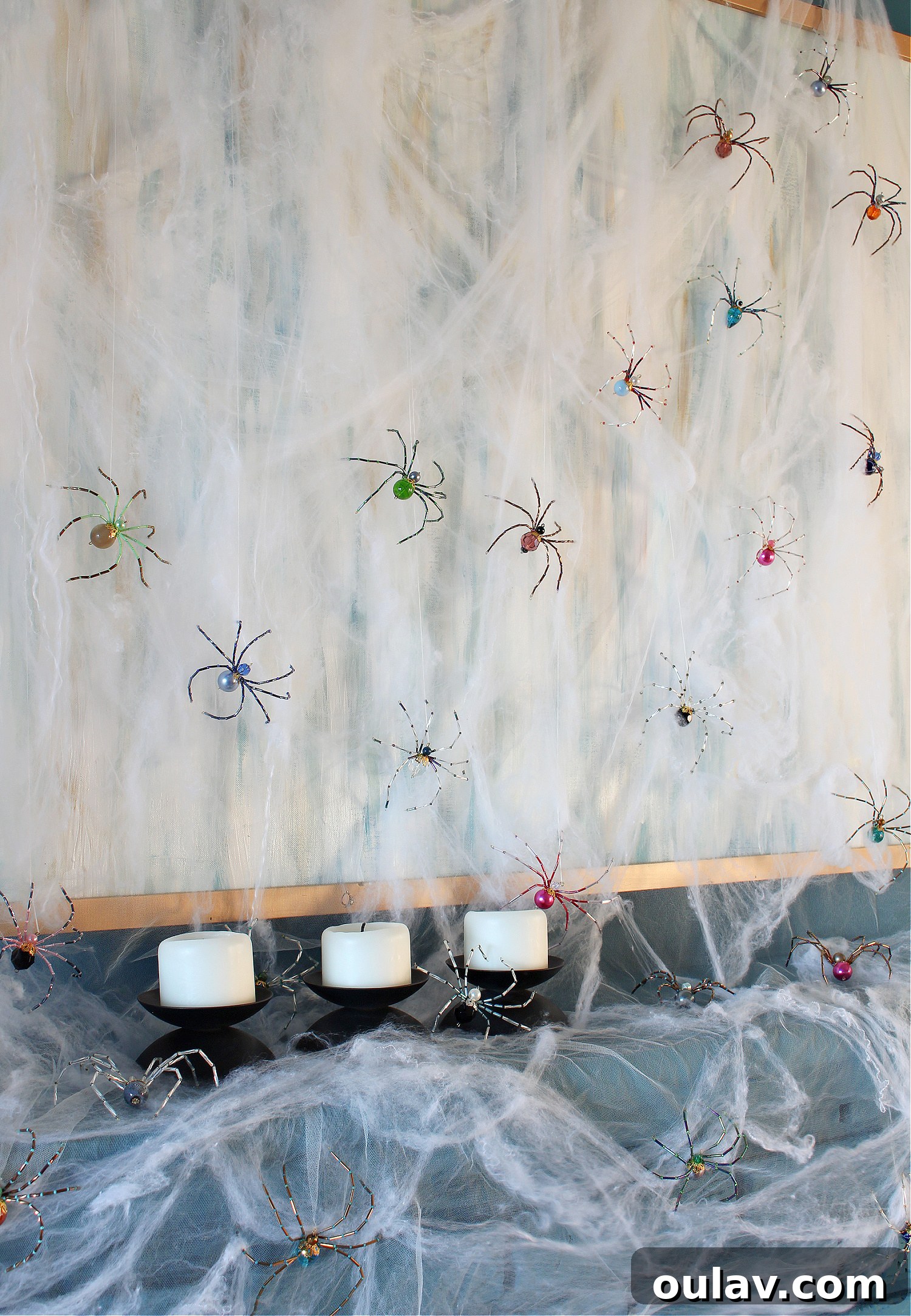 Eerie Elegance: DIY Spiderweb Halloween Mantel 3 Chic Halloween Fireplace Mantel Idea with Beaded Spiders