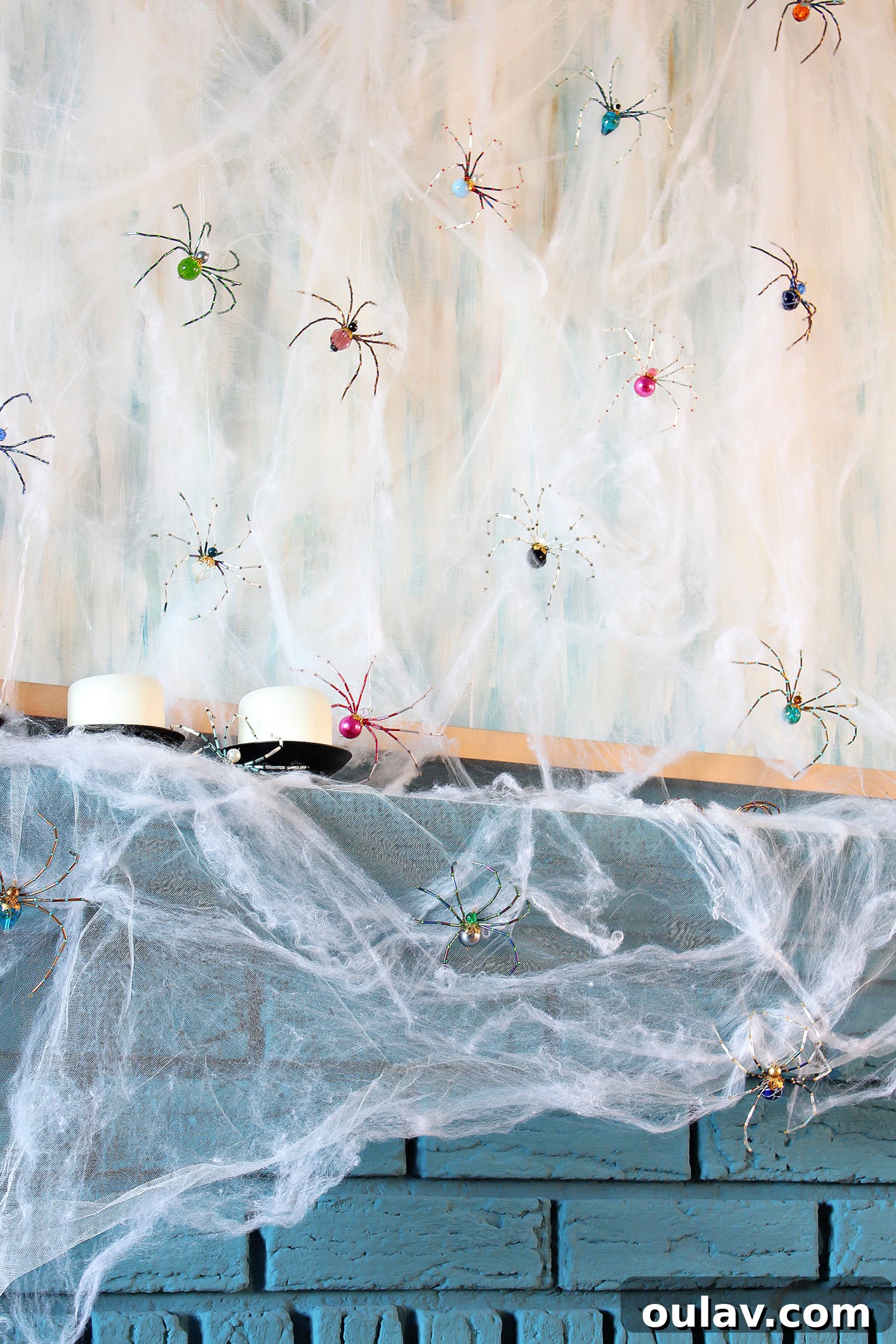 Eerie Elegance: DIY Spiderweb Halloween Mantel 10 Sparkling Beaded Spiders Enhance Halloween Fireplace
