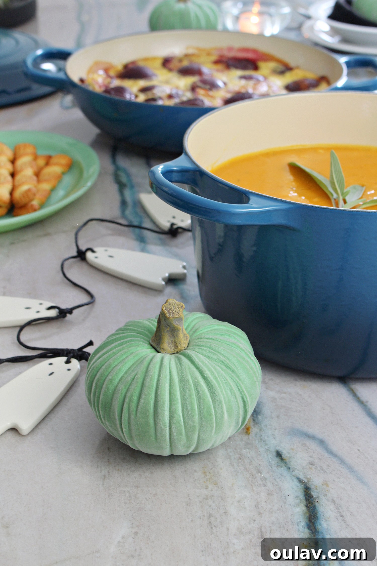 Pale Green Flocked Pumpkins Stylish Halloween Decor