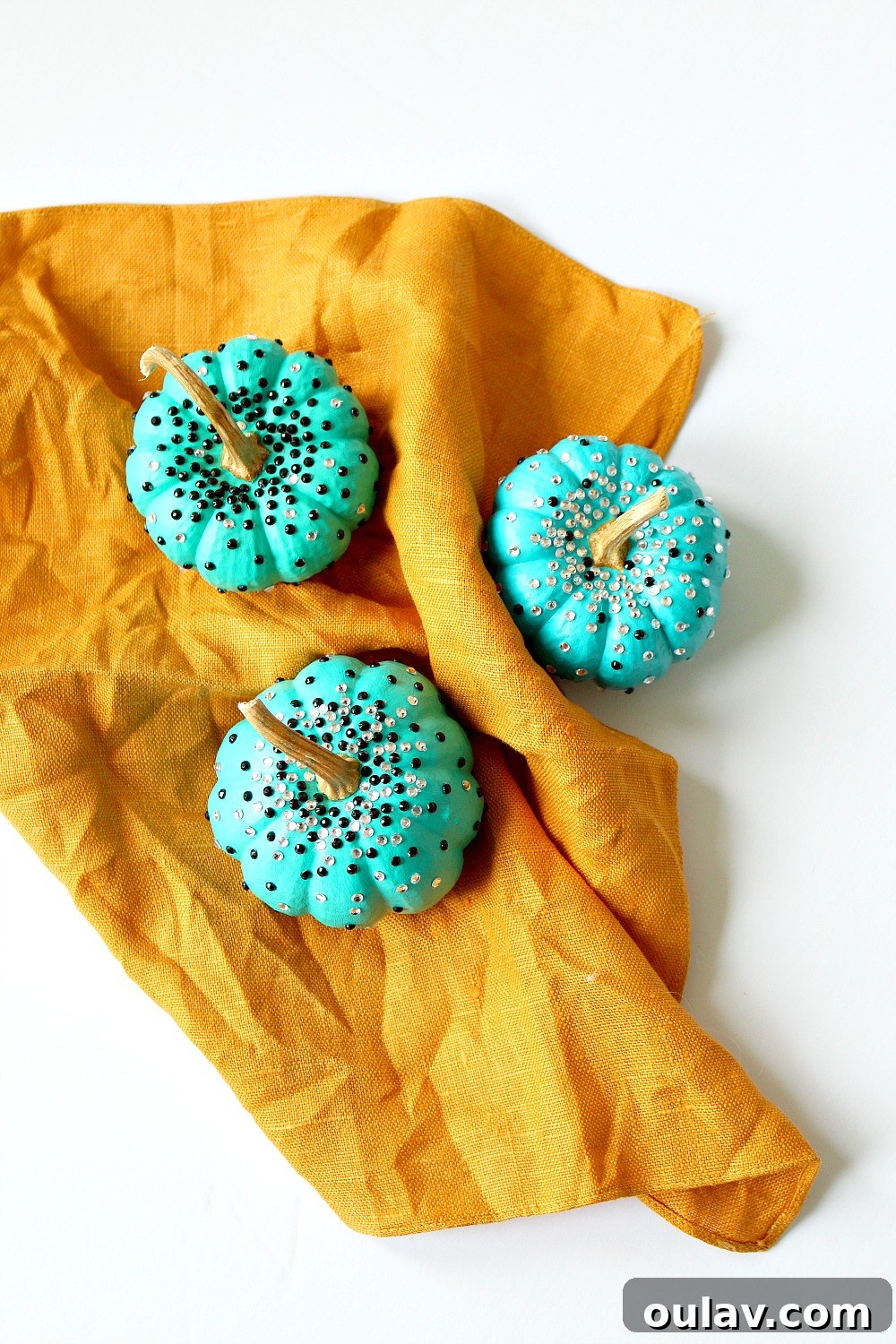 Effortless No-Carve Pumpkin Transformations 6 DIY RHINESTONE PUMPKINS in turquoise, black, and white