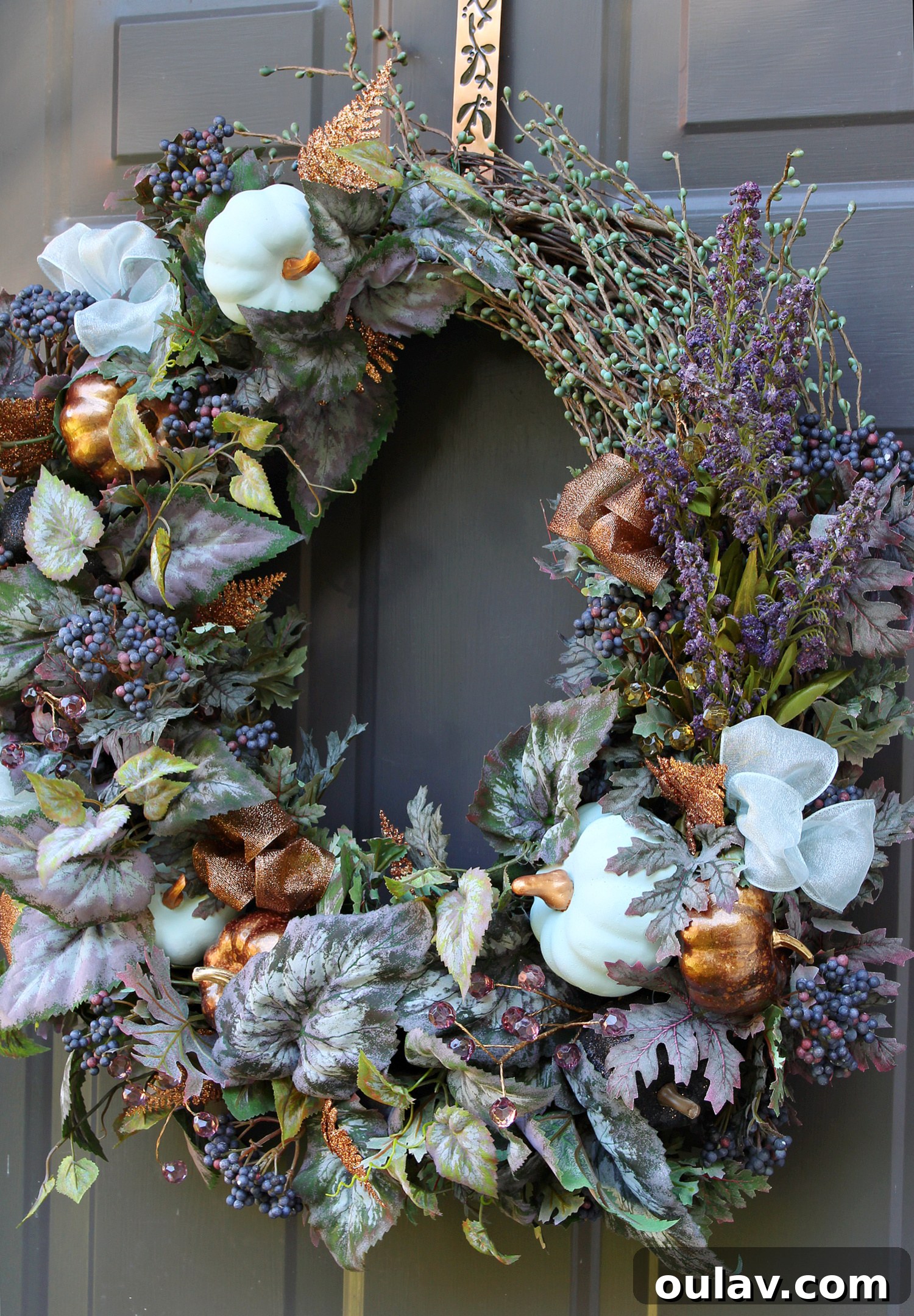 Effortless No-Carve Pumpkin Transformations 10 Pumpkin fall wreath featuring chalk-painted pumpkins in muted tones