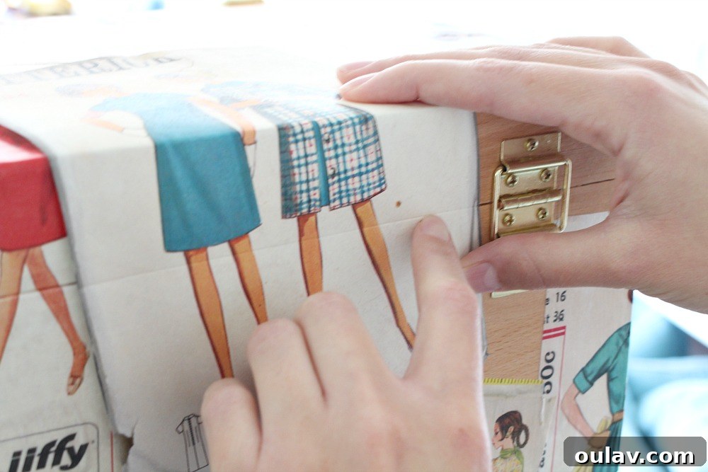 Vintage Pattern Revival: Decoupage a Personalized Sewing Box 11 Precision Cutting for Decoupage Lid Using Vintage Patterns