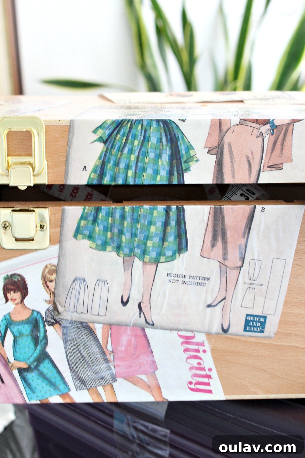 Vintage Pattern Revival: Decoupage a Personalized Sewing Box 12 Aligning Decoupage Vintage Patterns on a Sewing Box Lid