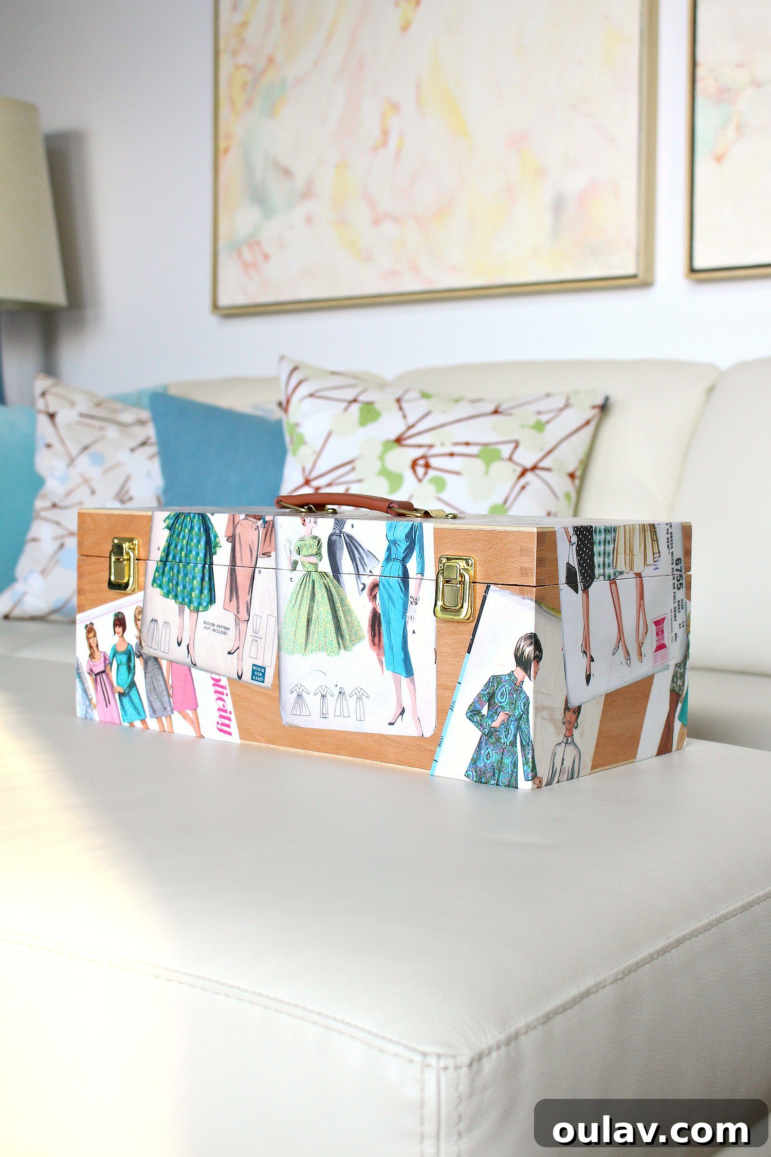 Vintage Pattern Revival: Decoupage a Personalized Sewing Box 17 Close-up of Decoupage Sewing Box with Vintage Sewing Patterns