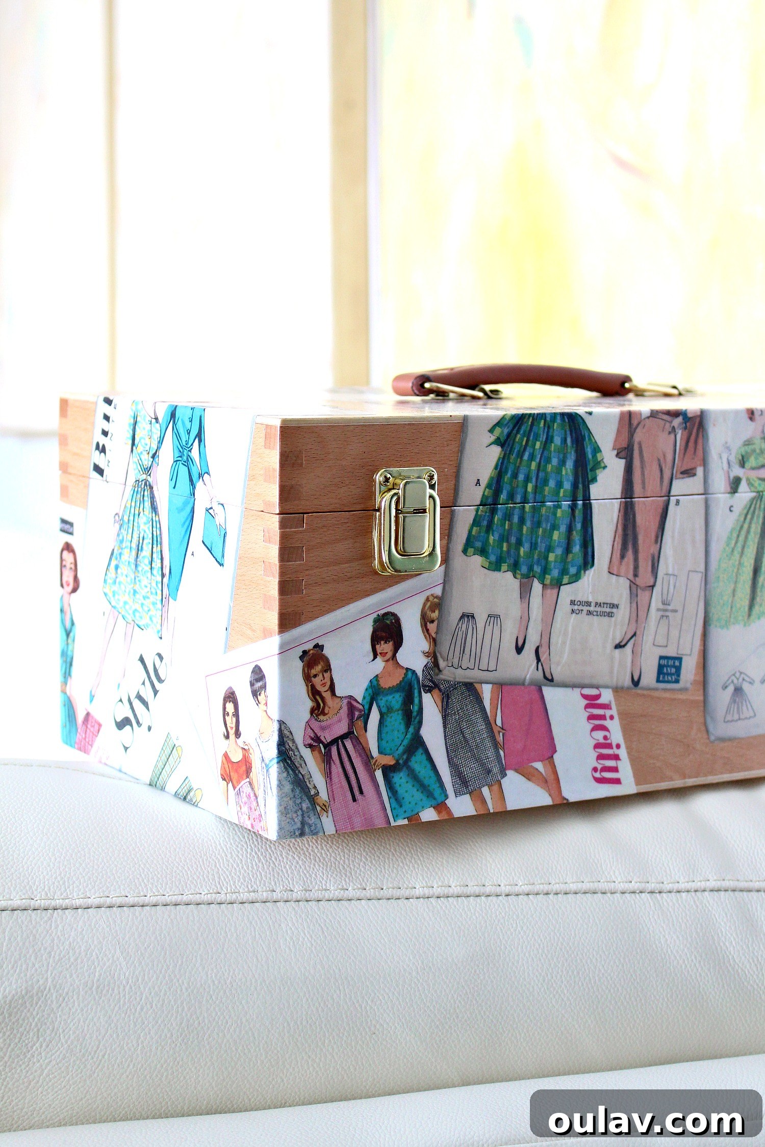 Vintage Pattern Revival: Decoupage a Personalized Sewing Box 20 Detailed View of Vintage Fashion Illustrations on a Decoupaged Box
