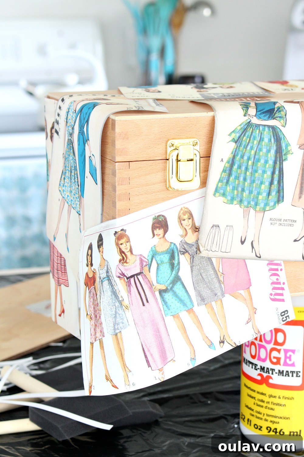 Vintage Pattern Revival: Decoupage a Personalized Sewing Box 8 Dry-Fitting Vintage Patterns for a Decoupage Sewing Box Design