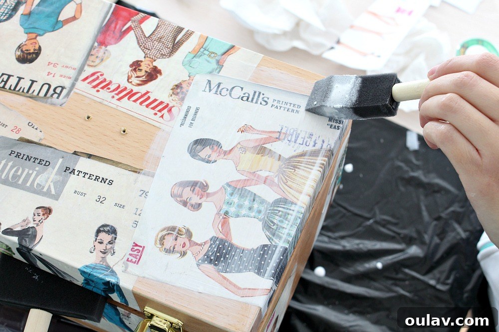 Vintage Pattern Revival: Decoupage a Personalized Sewing Box 10 Mod Podge Tips for Decoupaging Vintage Sewing Patterns on Storage Box