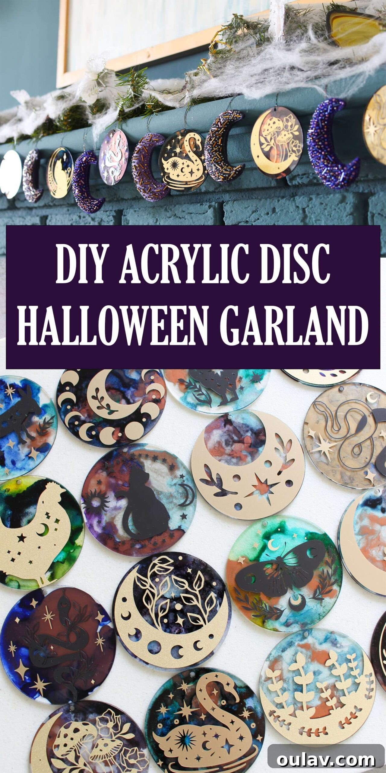 Cricut's Eerie Acrylic Disc Garland 36 DIY Acrylic Disc Garland for Halloween. Paint acrylic discs with alcohol ink and add Cricut vinyl designs in Halloween themes to create a one of a kind DIY Halloween garland.