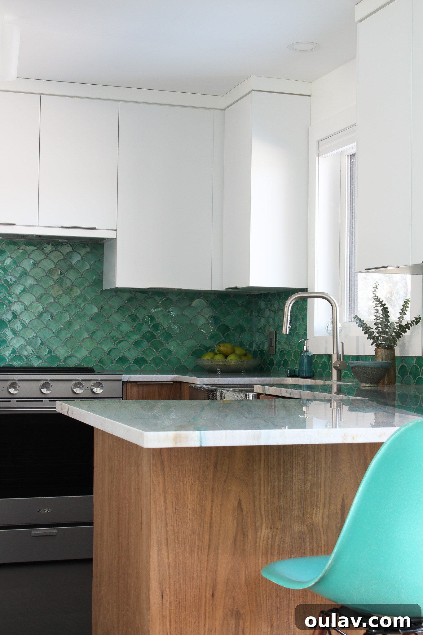 Mid-Century Modern Coastal Kitchen Reveal 13 Mercury Mosaics Sea Mist Tile, showcasing glossy crackle finish