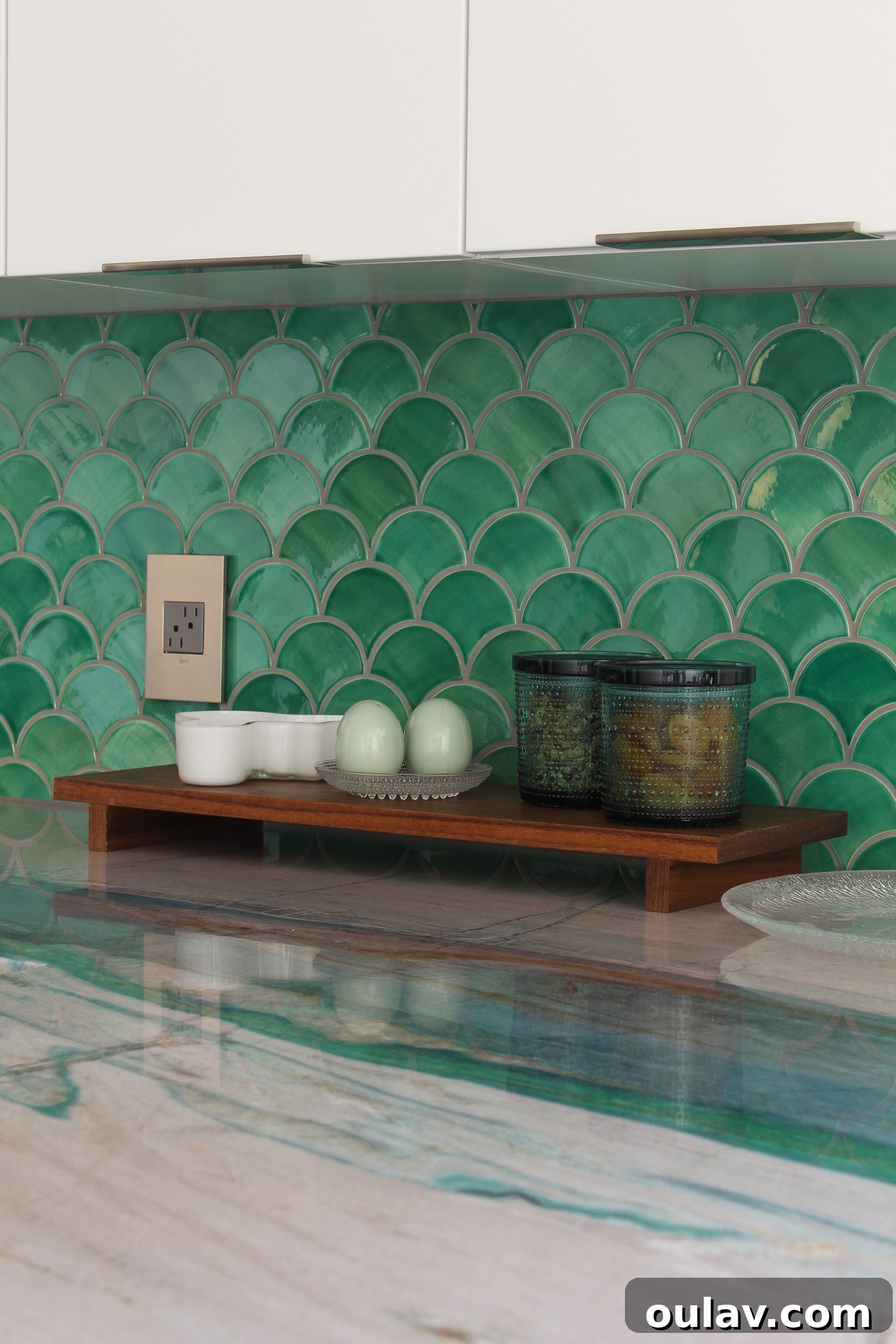 Mid-Century Modern Coastal Kitchen Reveal 14 Mercury Mosaics Moroccan Fish Scale Sea Mist with Grey Grout, enhancing organic flow