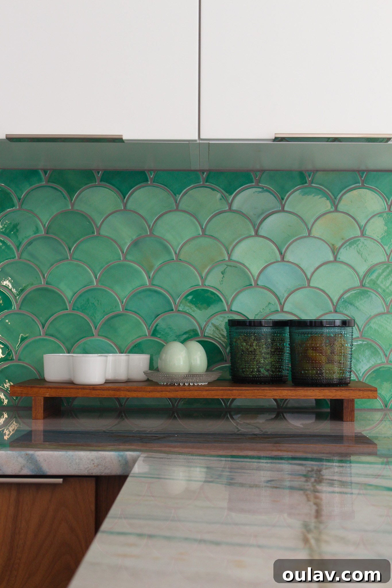 Mid-Century Modern Coastal Kitchen Reveal 15 Mercury Mosaics Medium Moroccan tile in Sea Mist, reflecting coastal inspiration