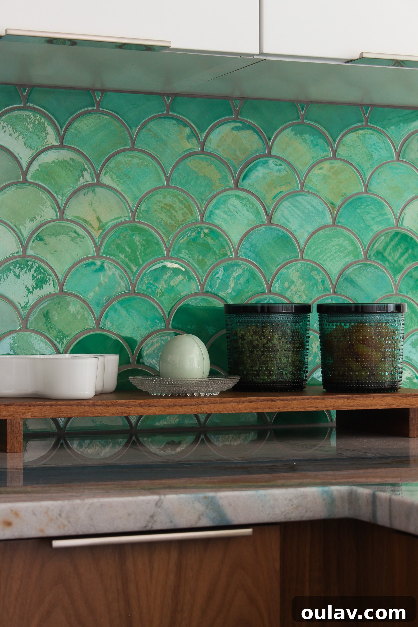 Mid-Century Modern Coastal Kitchen Reveal 16 Green Scallop Backsplash Tile creating a calming kitchen atmosphere