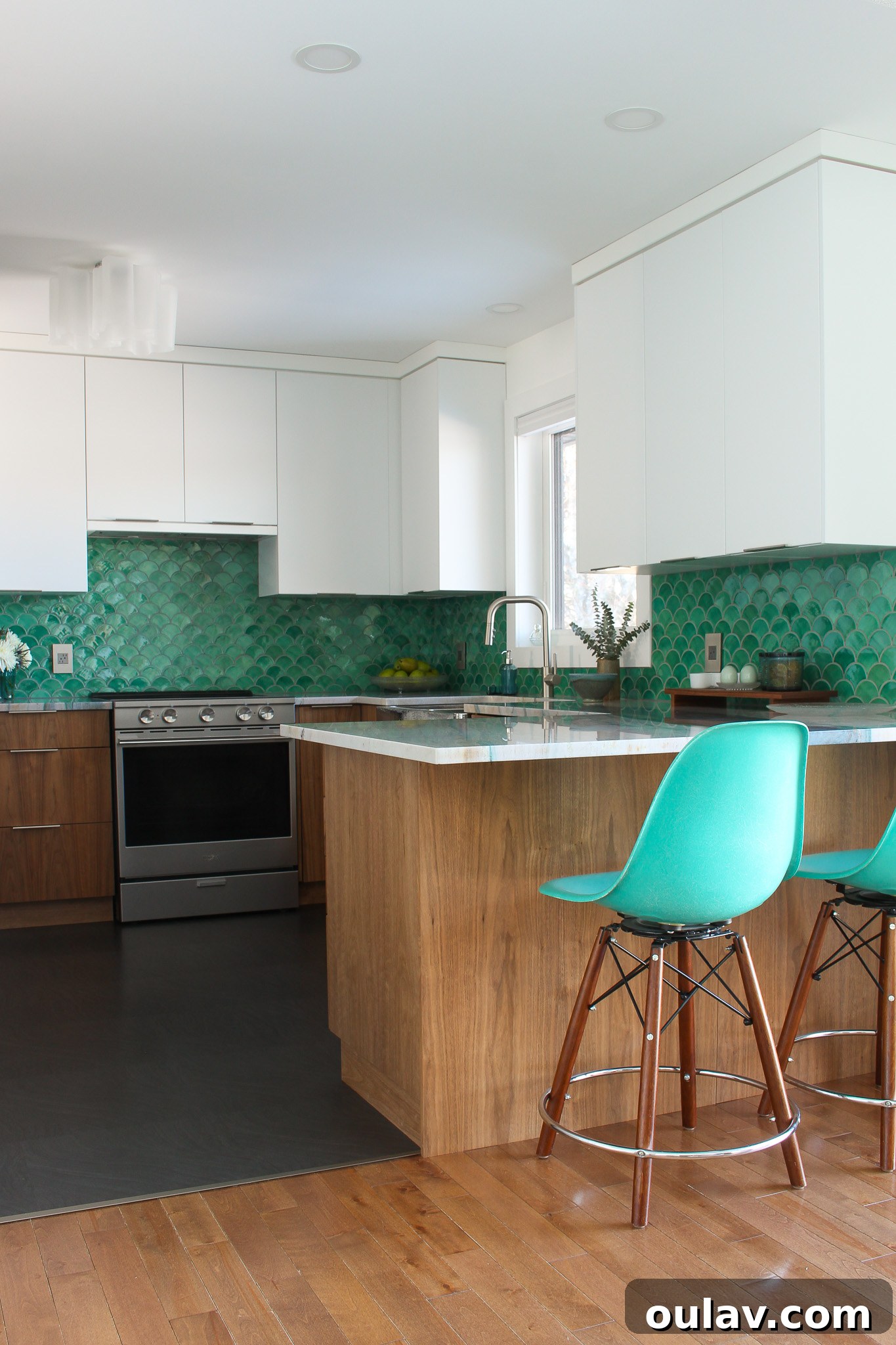 Mid-Century Modern Coastal Kitchen Reveal 21 Green Kitchen Tile Backsplash with Walnut Lower Cabinets