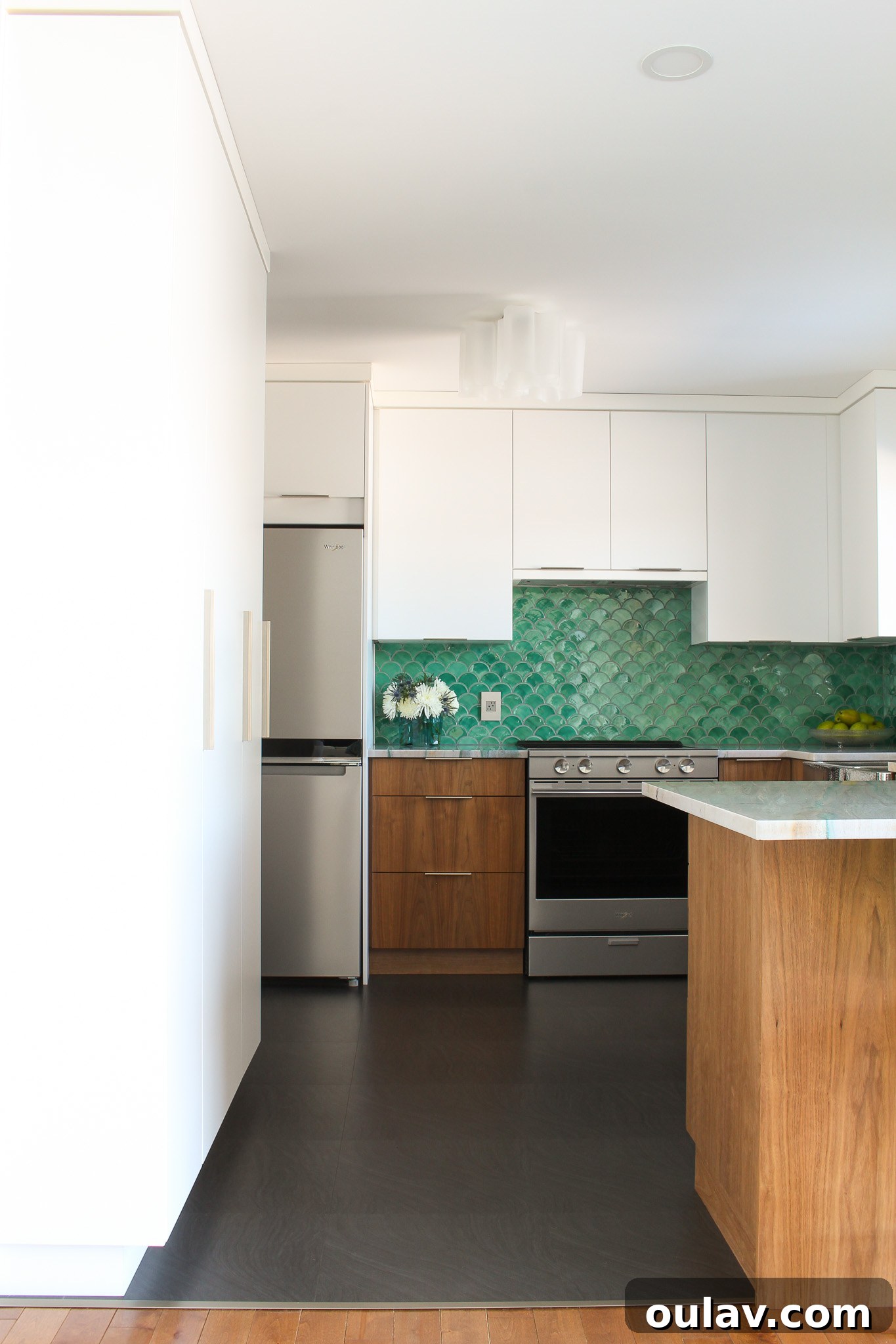 Mid-Century Modern Coastal Kitchen Reveal 24 Walnut Kitchen Cabinets with White Kitchen Cabinets - Two Tone Kitchen Design for a modern look
