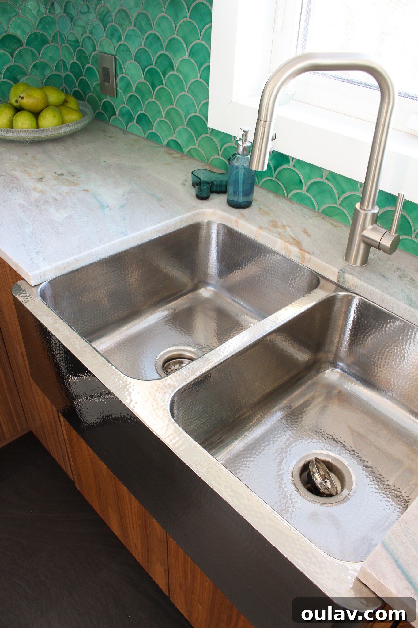 Mid-Century Modern Coastal Kitchen Reveal 4 Thompson Traders Hammered Sink Complemented by Portomare Quartzite