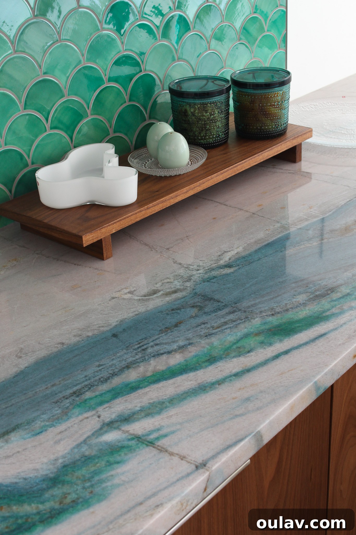 Mid-Century Modern Coastal Kitchen Reveal 35 Dopamine Kitchen Renovation with Colorful Stone Counters and Green Backsplash, vibrant decor
